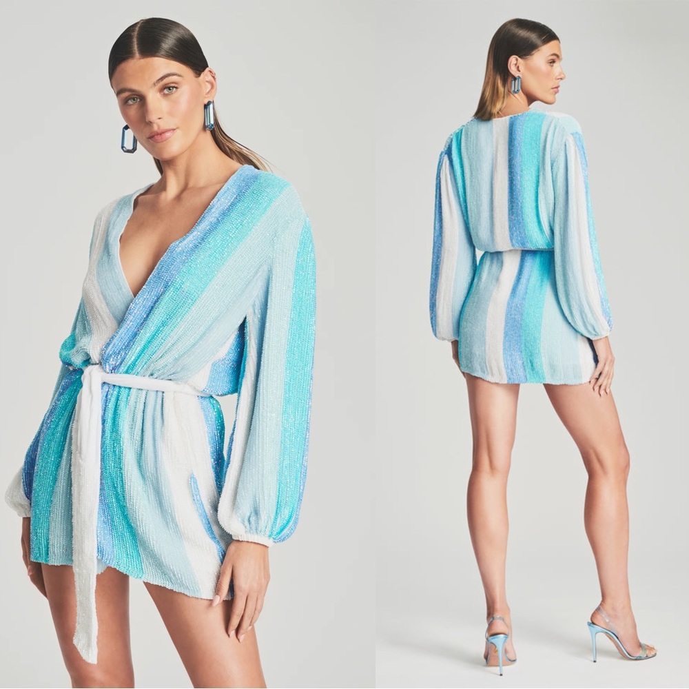 Retrofete Gabrielle Robe Dress Blue Stripe Sequin Mini Dress Medium